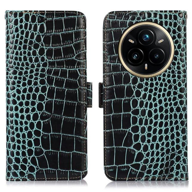 For Realme 14 Pro 5G Case Crocodile Texture Genuine Cow Leather Phone Wallet Cover - Green