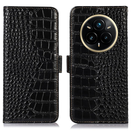 For Realme 14 Pro 5G Case Crocodile Texture Genuine Cow Leather Phone Wallet Cover - Black