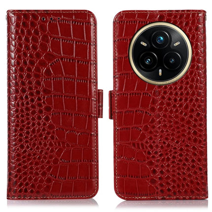 For Realme 14 Pro 5G Case Crocodile Texture Genuine Cow Leather Phone Wallet Cover - Red