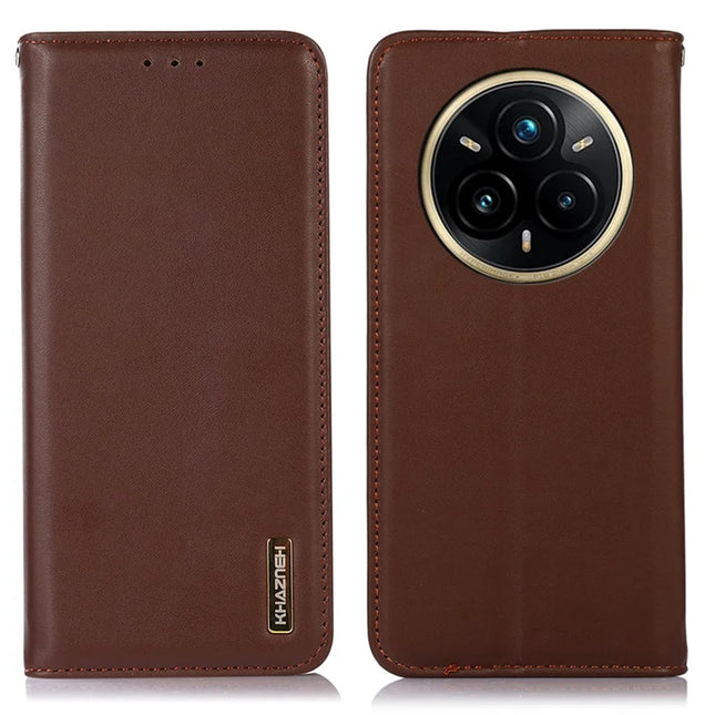 KHAZNEH For Realme 14 Pro+ 5G Case Wallet Genuine Cow Leather Phone Cover Nappa Texture - Brown