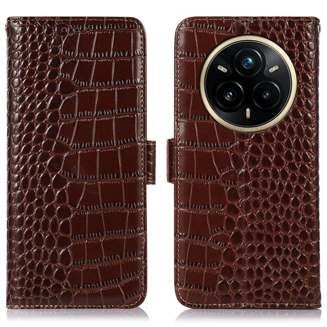 For Realme 14 Pro+ 5G Case Wallet Crocodile Texture Genuine Cow Leather Phone Cover - Brown