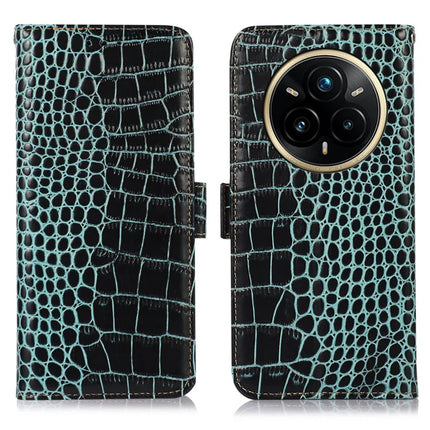For Realme 14 Pro+ 5G Case Wallet Crocodile Texture Genuine Cow Leather Phone Cover - Green