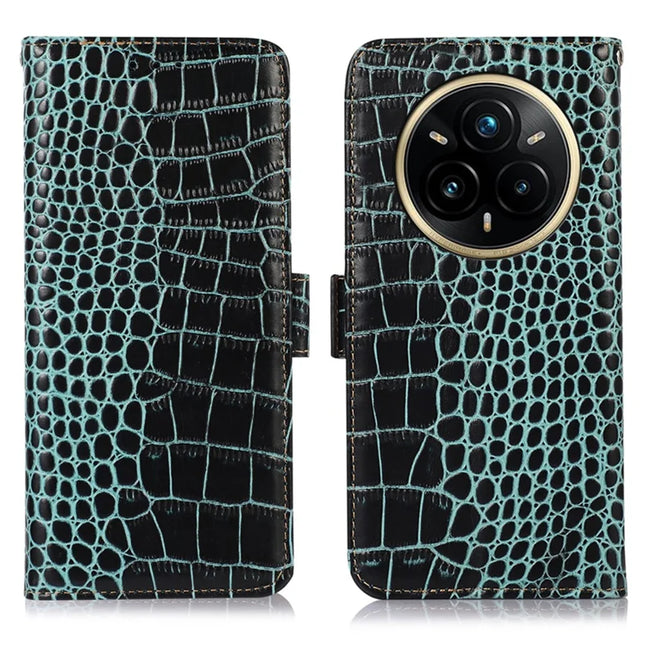For Realme 14 Pro+ 5G Case Wallet Crocodile Texture Genuine Cow Leather Phone Cover - Green