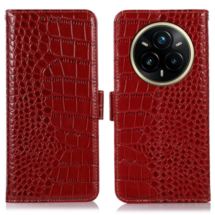 For Realme 14 Pro+ 5G Case Wallet Crocodile Texture Genuine Cow Leather Phone Cover - Red