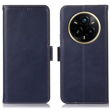 For Realme 14 Pro 5G Case RFID Blocking Genuine Cow Leather Wallet Phone Cover - Blue