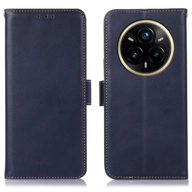 For Realme 14 Pro 5G Case RFID Blocking Genuine Cow Leather Wallet Phone Cover - Blue