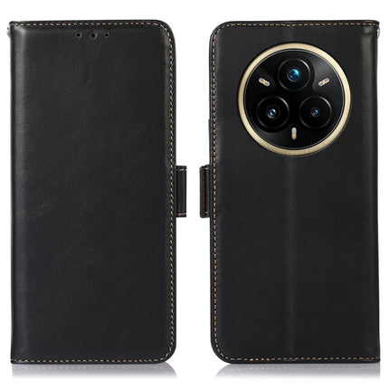 For Realme 14 Pro 5G Case RFID Blocking Genuine Cow Leather Wallet Phone Cover - Black