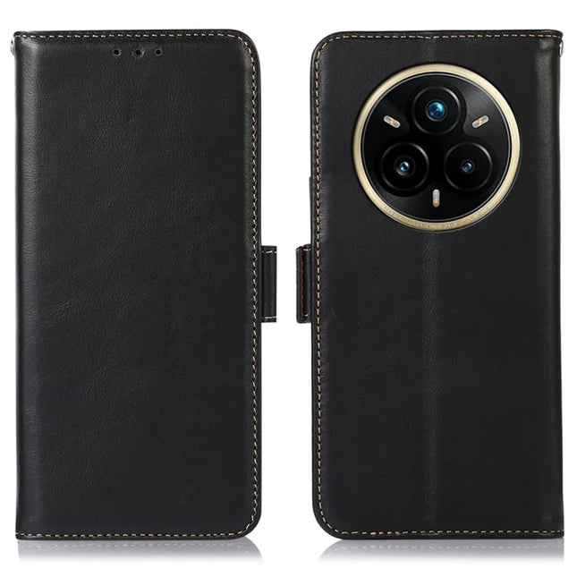 For Realme 14 Pro 5G Case RFID Blocking Genuine Cow Leather Wallet Phone Cover - Black