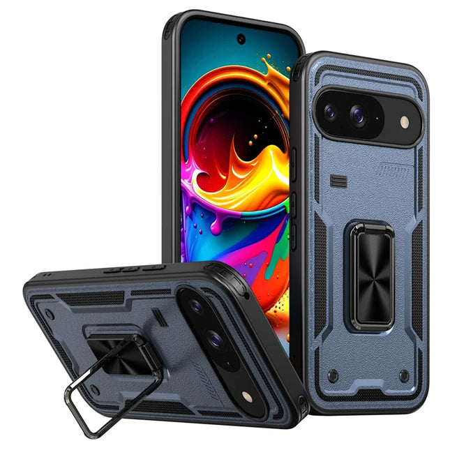 For Google Pixel 9 / 9 Pro Case Ring Kickstand Anti-Drop PC + TPU Phone Cover - Blue