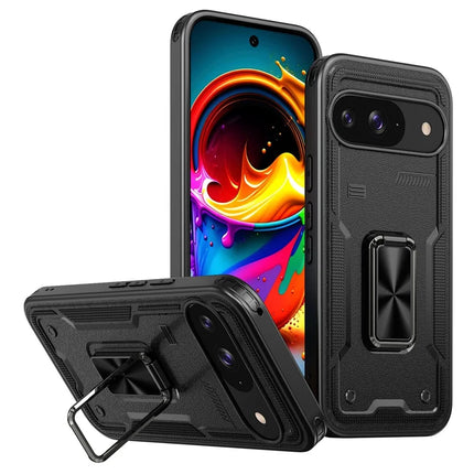 For Google Pixel 9 / 9 Pro Case Ring Kickstand Anti-Drop PC + TPU Phone Cover - Black