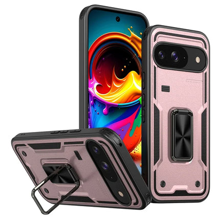 For Google Pixel 9 / 9 Pro Case Ring Kickstand Anti-Drop PC + TPU Phone Cover - Rose Gold