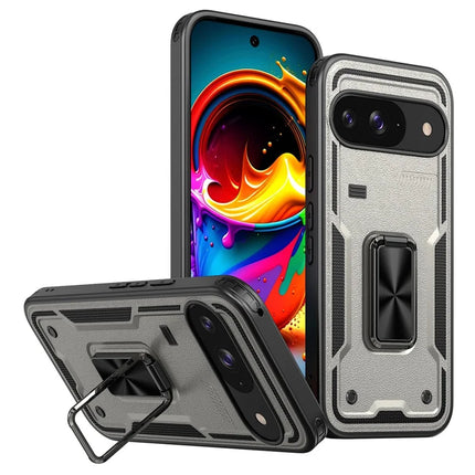 For Google Pixel 9 / 9 Pro Case Ring Kickstand Anti-Drop PC + TPU Phone Cover - Titanium Grey
