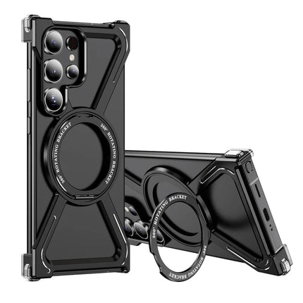 For Samsung Galaxy S23 Ultra Case Military Grade Anti Drop Rotating Kickstand Titanium Alloy Bumper Phone Cover - Black