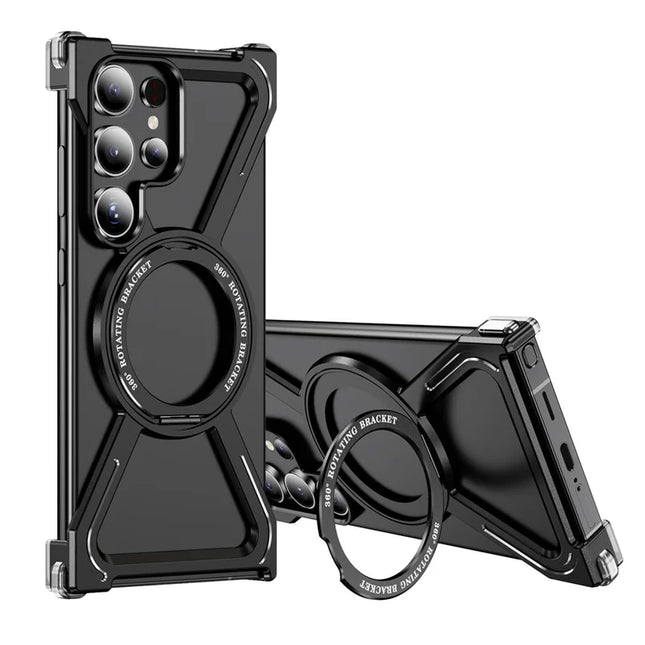 For Samsung Galaxy S23 Ultra Case Military Grade Anti Drop Rotating Kickstand Titanium Alloy Bumper Phone Cover - Black
