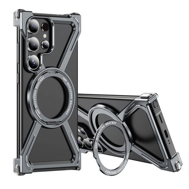 For Samsung Galaxy S23 Ultra Case Military Grade Anti Drop Rotating Kickstand Titanium Alloy Bumper Phone Cover - Grey