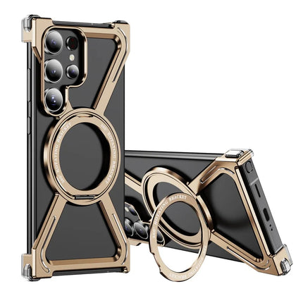 For Samsung Galaxy S23 Ultra Case Military Grade Anti Drop Rotating Kickstand Titanium Alloy Bumper Phone Cover - Desert Gold