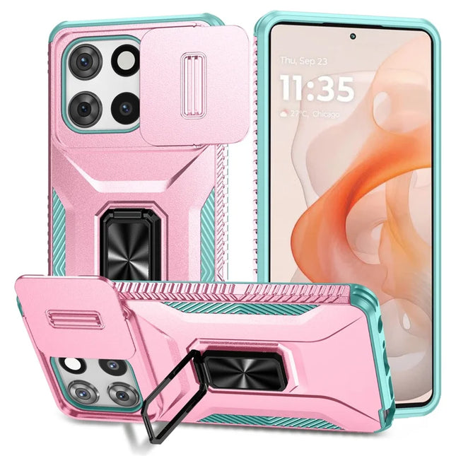 For Motorola Moto G 5G (2025) Case Camshield Kickstand TPU+PC Anti-Slip Phone Cover - Pink+Grey Green