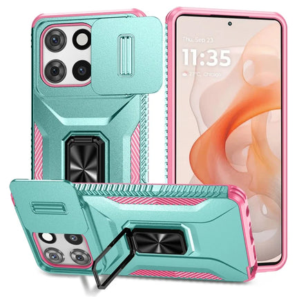 For Motorola Moto G 5G (2025) Case Camshield Kickstand TPU+PC Anti-Slip Phone Cover - Grey Green+Pink