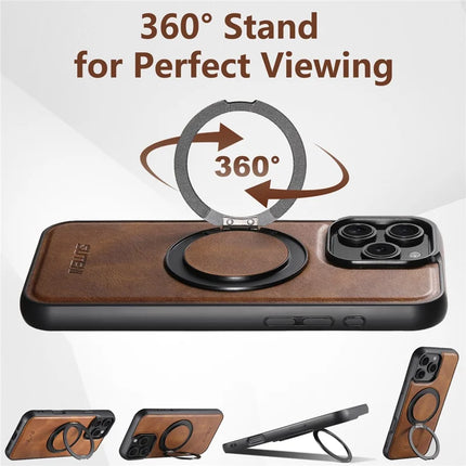 SUTENI G3 For iPhone 16 Pro Case Compatible with MagSafe Waxy Texture 360° Rotating Kickstand Leather Phone Back Cover