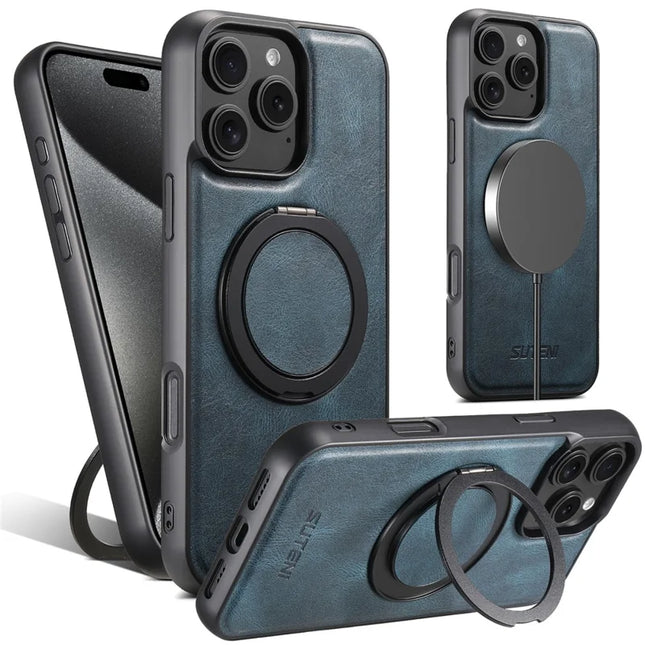 SUTENI G3 For iPhone 16 Pro Max Case Compatible with MagSafe Waxy Texture 360° Rotating Kickstand Leather Phone Back Cover - Blue
