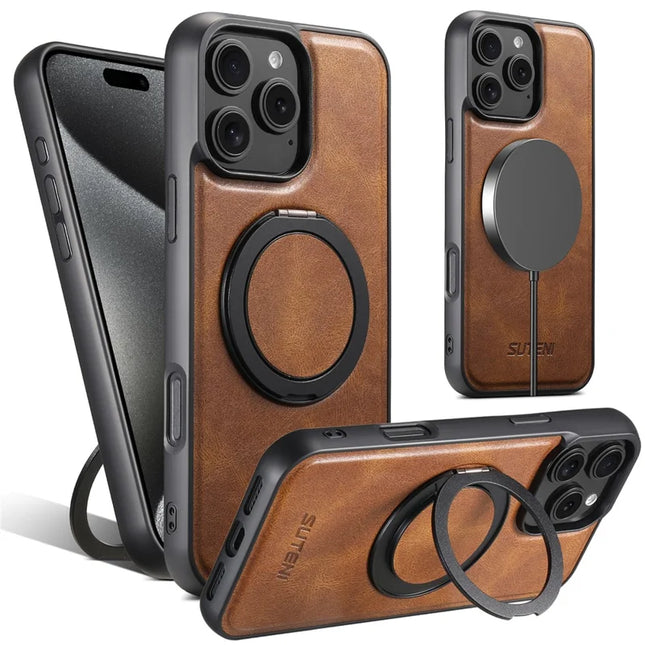 SUTENI G3 For iPhone 16 Pro Max Case Compatible with MagSafe Waxy Texture 360° Rotating Kickstand Leather Phone Back Cover - Brown