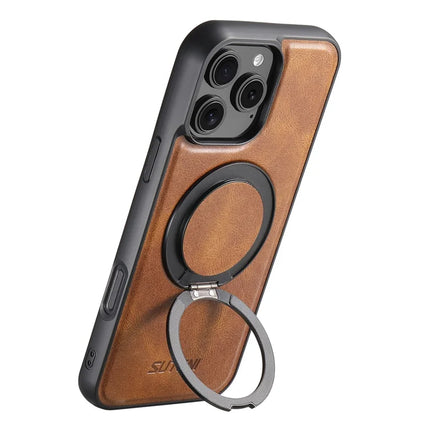 SUTENI G3 For iPhone 16 Pro Max Case Compatible with MagSafe Waxy Texture 360° Rotating Kickstand Leather Phone Back Cover