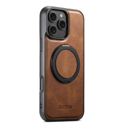 SUTENI G3 For iPhone 16 Pro Max Case Compatible with MagSafe Waxy Texture 360° Rotating Kickstand Leather Phone Back Cover