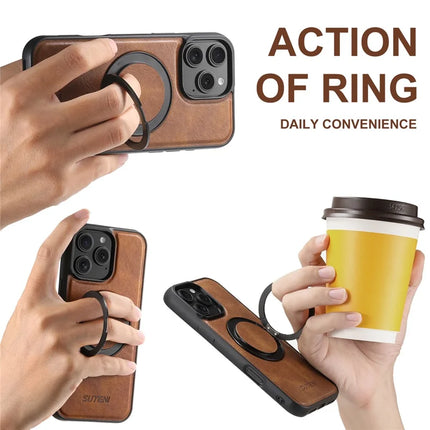 SUTENI G3 For iPhone 16 Pro Max Case Compatible with MagSafe Waxy Texture 360° Rotating Kickstand Leather Phone Back Cover