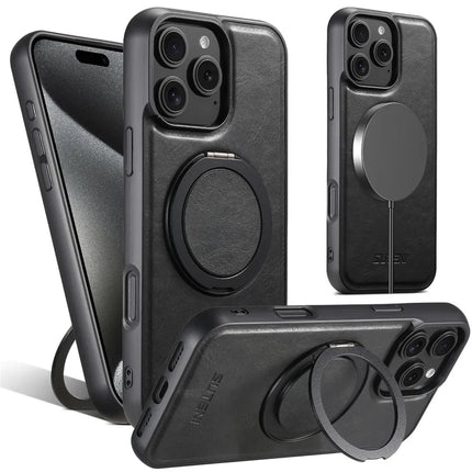 SUTENI G3 For iPhone 16 Pro Max Case Compatible with MagSafe Waxy Texture 360° Rotating Kickstand Leather Phone Back Cover - Black