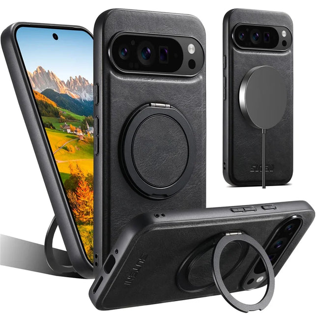 SUTENI G3 For Google Pixel 9 Pro XL Case Compatible with MagSafe Waxy Texture 360° Rotating Kickstand Leather Phone Back Cover - Black