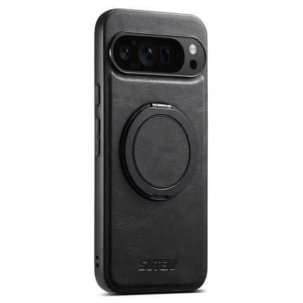SUTENI G3 For Google Pixel 9 Pro XL Case Compatible with MagSafe Waxy Texture 360° Rotating Kickstand Leather Phone Back Cover