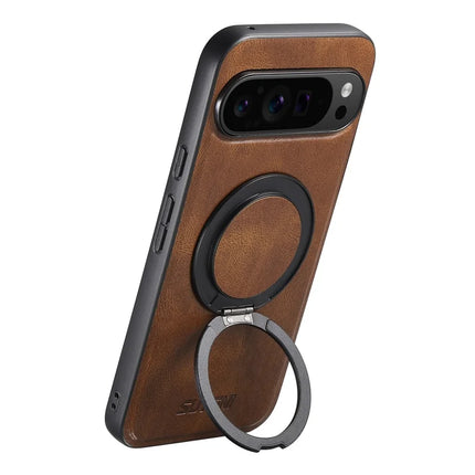 SUTENI G3 For Google Pixel 9 Pro XL Case Compatible with MagSafe Waxy Texture 360° Rotating Kickstand Leather Phone Back Cover