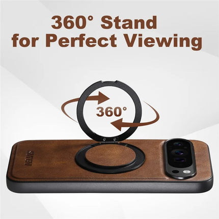 SUTENI G3 For Google Pixel 9 Pro XL Case Compatible with MagSafe Waxy Texture 360° Rotating Kickstand Leather Phone Back Cover
