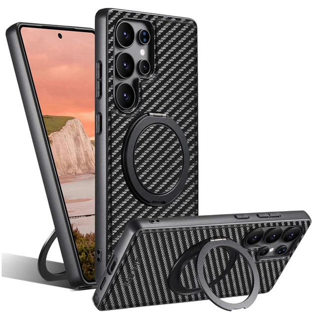 SUTENI G3 For Samsung Galaxy S22 Ultra 5G Magnetic Case 360 Degree Rotating Kickstand Carbon Fiber Texture PU Phone Back Cover