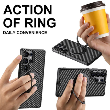 SUTENI G3 For Samsung Galaxy S22 Ultra 5G Magnetic Case 360 Degree Rotating Kickstand Carbon Fiber Texture PU Phone Back Cover