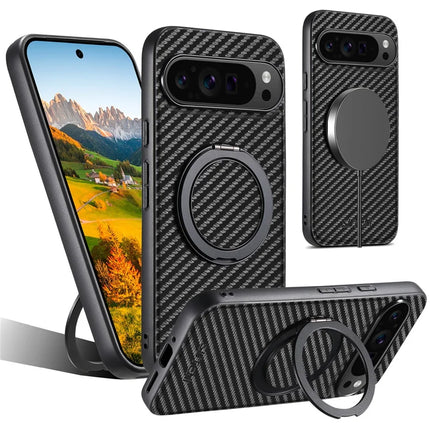 SUTENI G3 For Google Pixel 9 Pro XL Case Compatible with MagSafe Carbon Fiber Texture Rotating Kickstand Leather Phone Back Cover