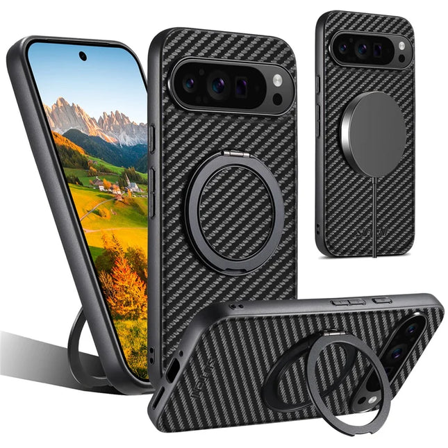 SUTENI G3 For Google Pixel 9 Pro XL Case Compatible with MagSafe Carbon Fiber Texture Rotating Kickstand Leather Phone Back Cover