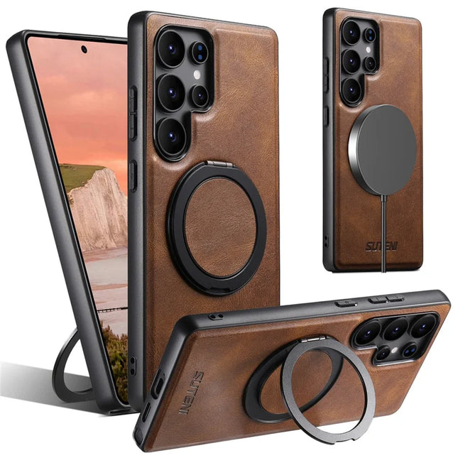 SUTENI G3 For Samsung Galaxy S22 Ultra 5G Case Compatible with MagSafe Waxy Texture Rotating Kickstand Leather Phone Back Cover - Brown