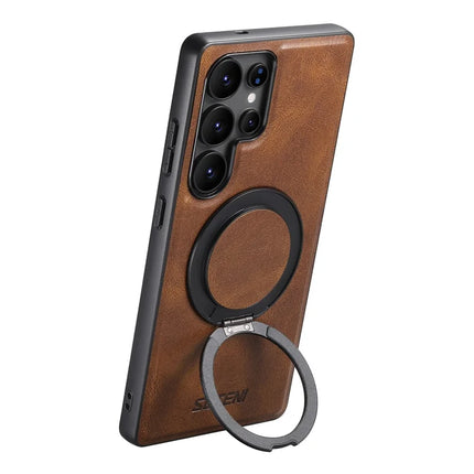SUTENI G3 For Samsung Galaxy S22 Ultra 5G Case Compatible with MagSafe Waxy Texture Rotating Kickstand Leather Phone Back Cover