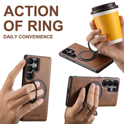 SUTENI G3 For Samsung Galaxy S22 Ultra 5G Case Compatible with MagSafe Waxy Texture Rotating Kickstand Leather Phone Back Cover