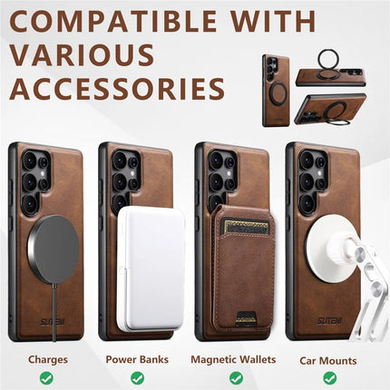 SUTENI G3 For Samsung Galaxy S22 Ultra 5G Case Compatible with MagSafe Waxy Texture Rotating Kickstand Leather Phone Back Cover