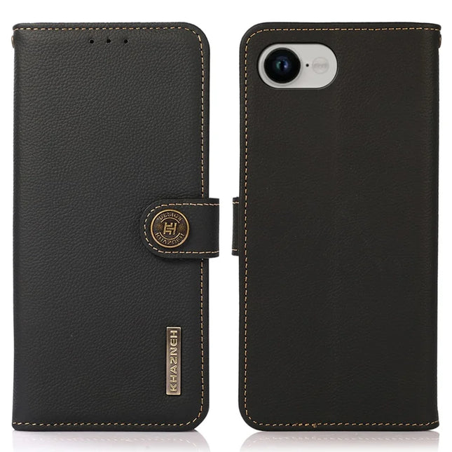 KHAZNEH for iPhone 16e Case Genuine Cow Leather Wallet Phone Cover - Black