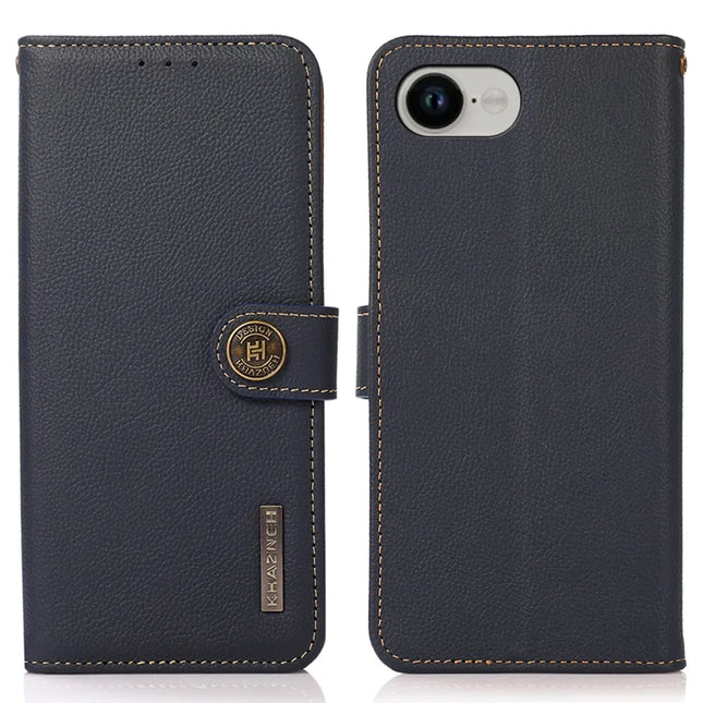 KHAZNEH for iPhone 16e Case Genuine Cow Leather Wallet Phone Cover - Blue