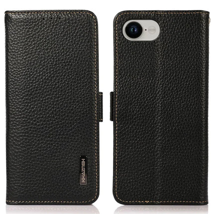 KHAZNEH For iPhone 16e Phone Case Genuine Cow Leather Cover RFID Blocking - Black