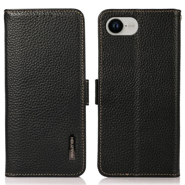 KHAZNEH For iPhone 16e Phone Case Genuine Cow Leather Cover RFID Blocking - Black