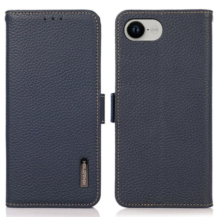 KHAZNEH For iPhone 16e Phone Case Genuine Cow Leather Cover RFID Blocking - Blue