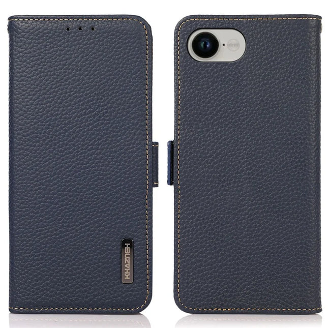 KHAZNEH For iPhone 16e Phone Case Genuine Cow Leather Cover RFID Blocking - Blue