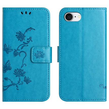 For iPhone 16e Case Wallet Stand Imprinted Butterfly Flower PU Leather Phone Cover - Blue