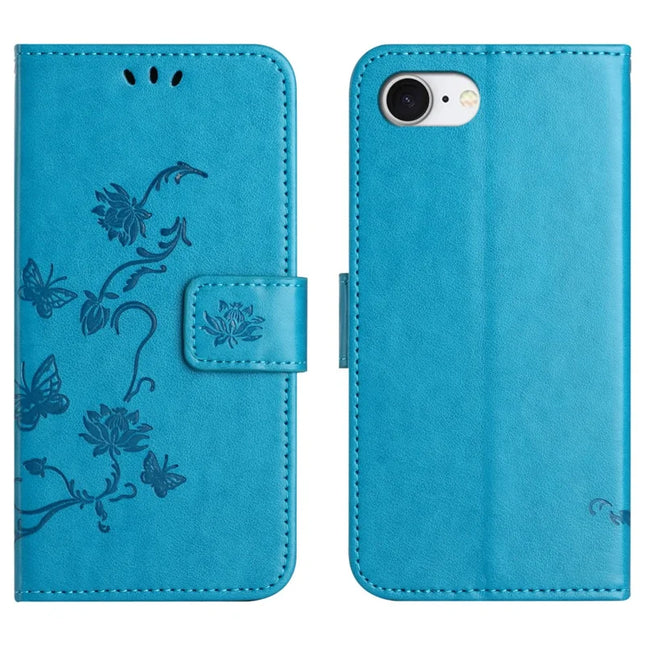 For iPhone 16e Case Wallet Stand Imprinted Butterfly Flower PU Leather Phone Cover - Blue