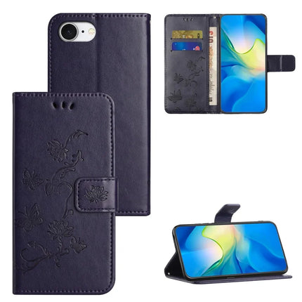 For iPhone 16e Case Wallet Stand Imprinted Butterfly Flower PU Leather Phone Cover